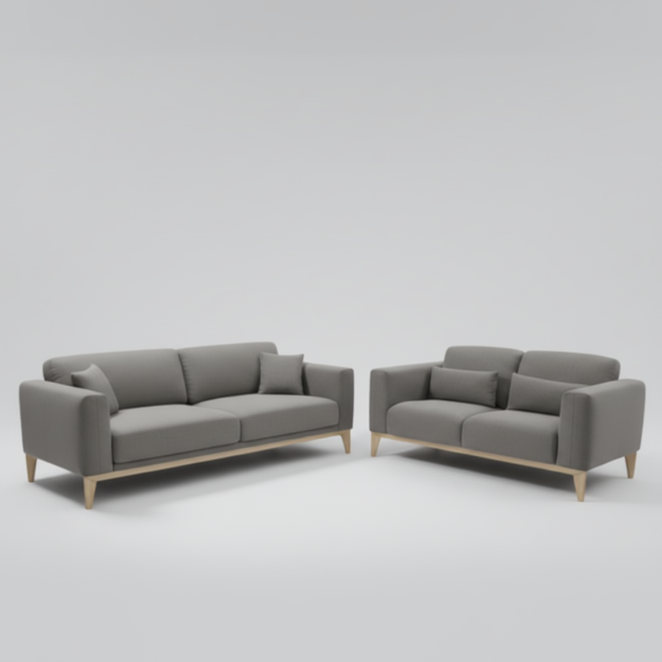 Gray fabric sectional sofa set with two corner sofas, back cushions, and light wood legs