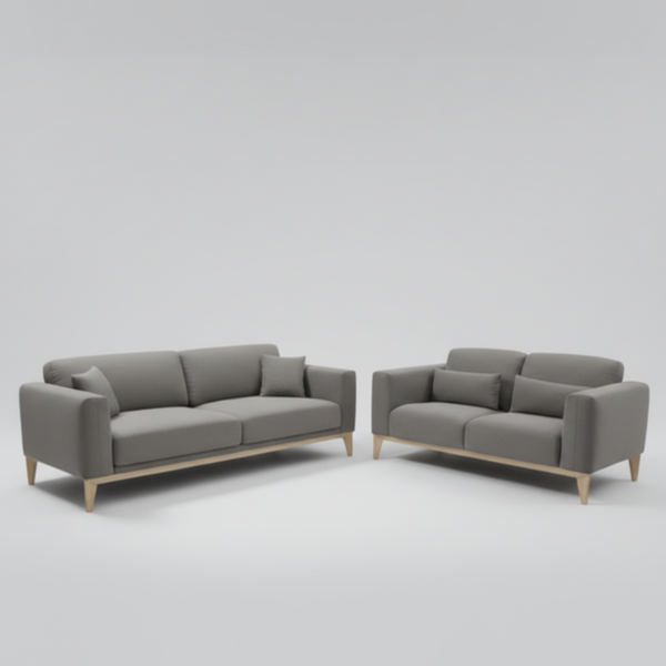 Gray fabric sectional sofa set with two corner sofas, back cushions, and light wood legs