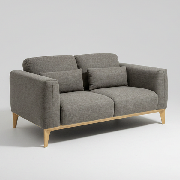 Gray fabric 2-seat sofa with back pillows, low arms, and light wood tapered legs