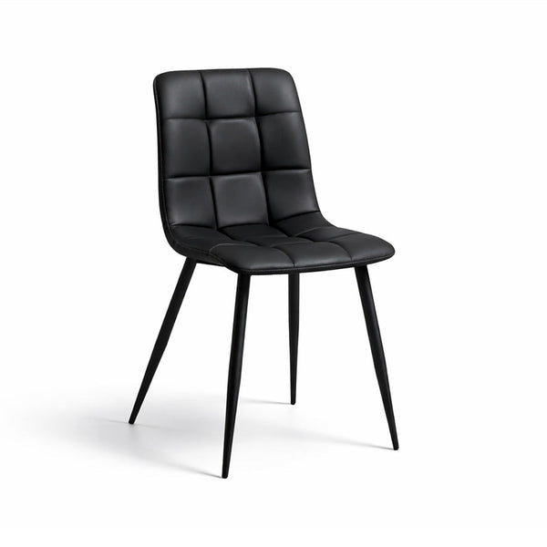 Black upholstered dining chair with square tufted back and padded seat, tapered legs