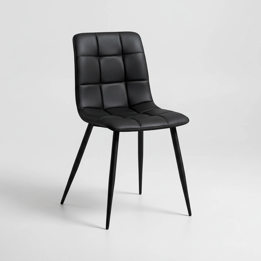 Black upholstered dining chair with tufted back panels and cushioned seat, angled legs