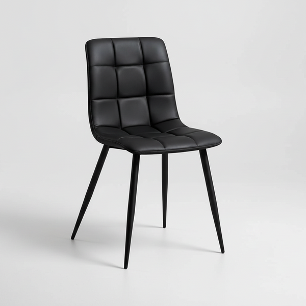 Black upholstered dining chair with tufted back panels and cushioned seat, angled legs