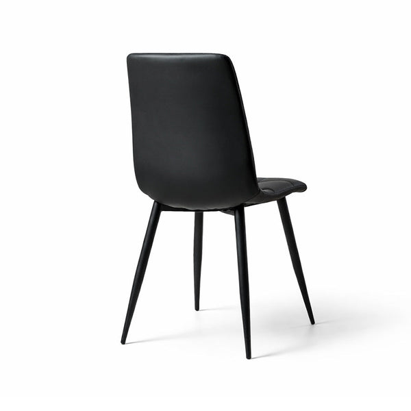 Black dining chair with curved back and armrests, padded seat, slender tapered legs