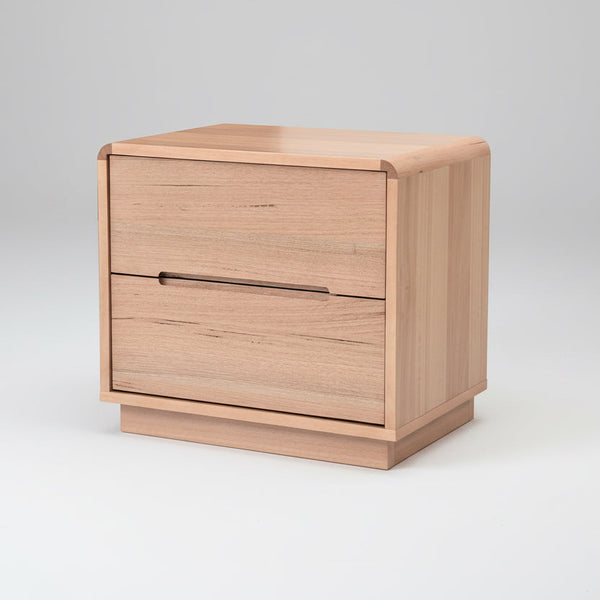 Light wood dresser with two drawers and long bar handles