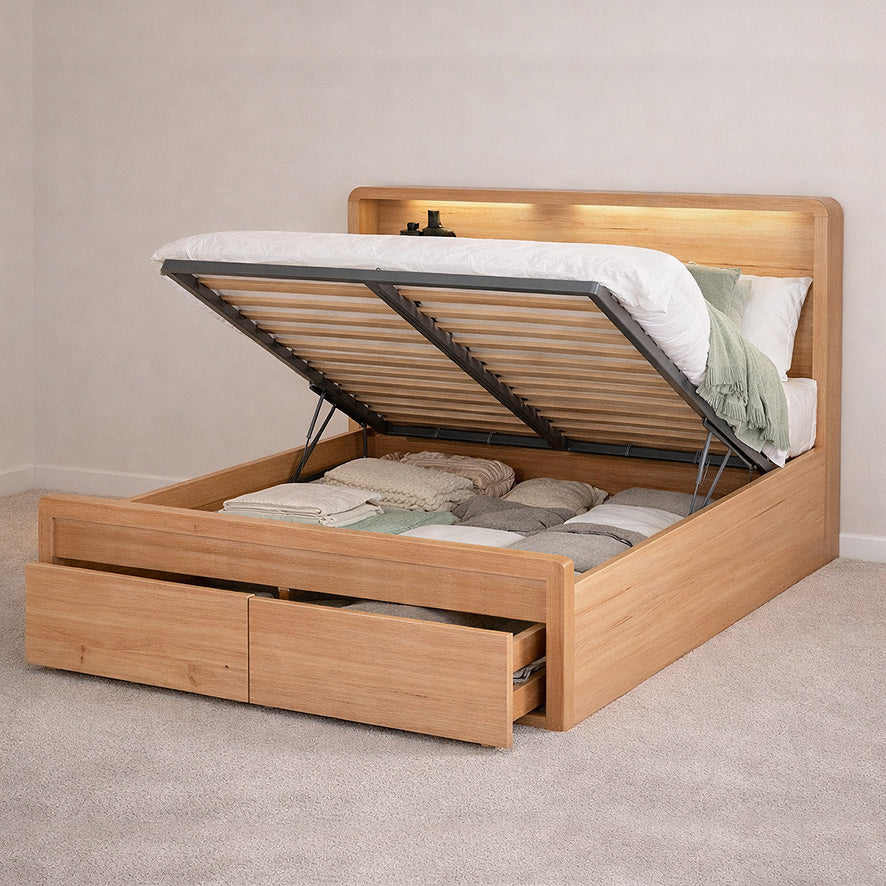Lift bed frame open to reveal slatted platform and front drawer storage