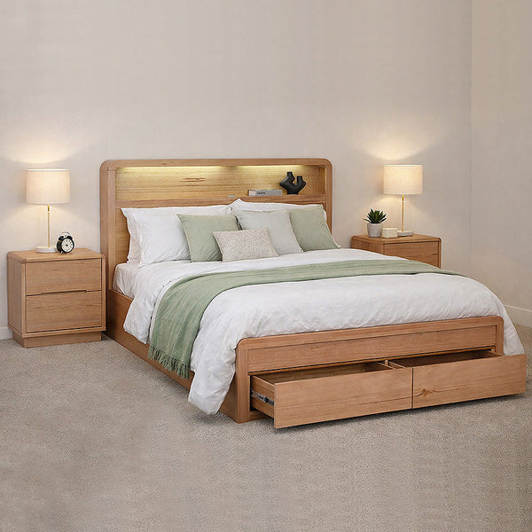 Light wood lift bed frame with slatted headboard and two front storage drawers