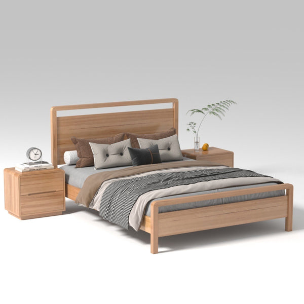 Light wood bed frame with slatted headboard and low side rails, viewed front