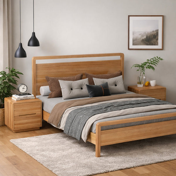 Light wood bed frame with slatted headboard and low side rails