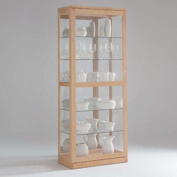 Light wood glass display cabinet with multiple shelves and clear doors