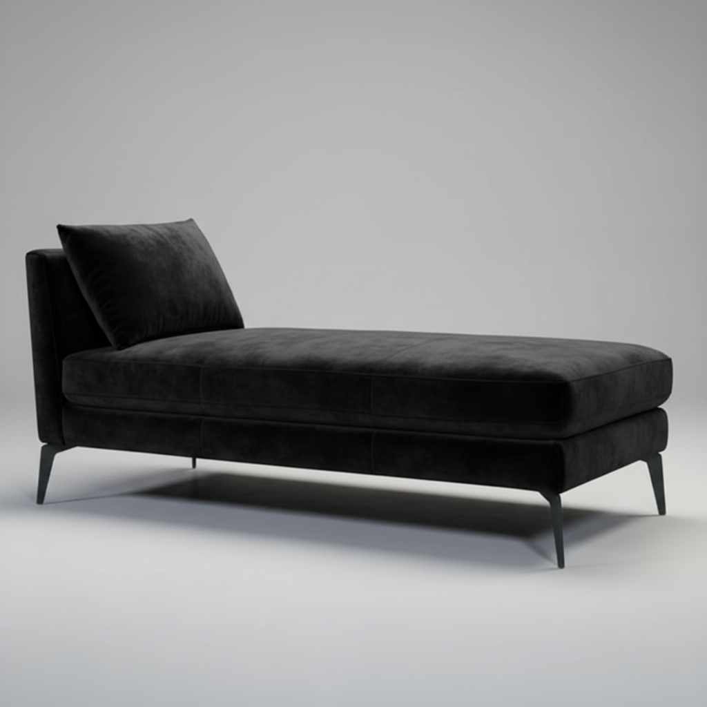 Black fabric chaise sofa with black legs and one back cushion