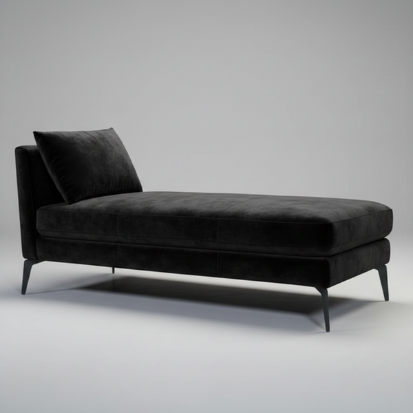 Black fabric chaise sofa with black legs and one back cushion