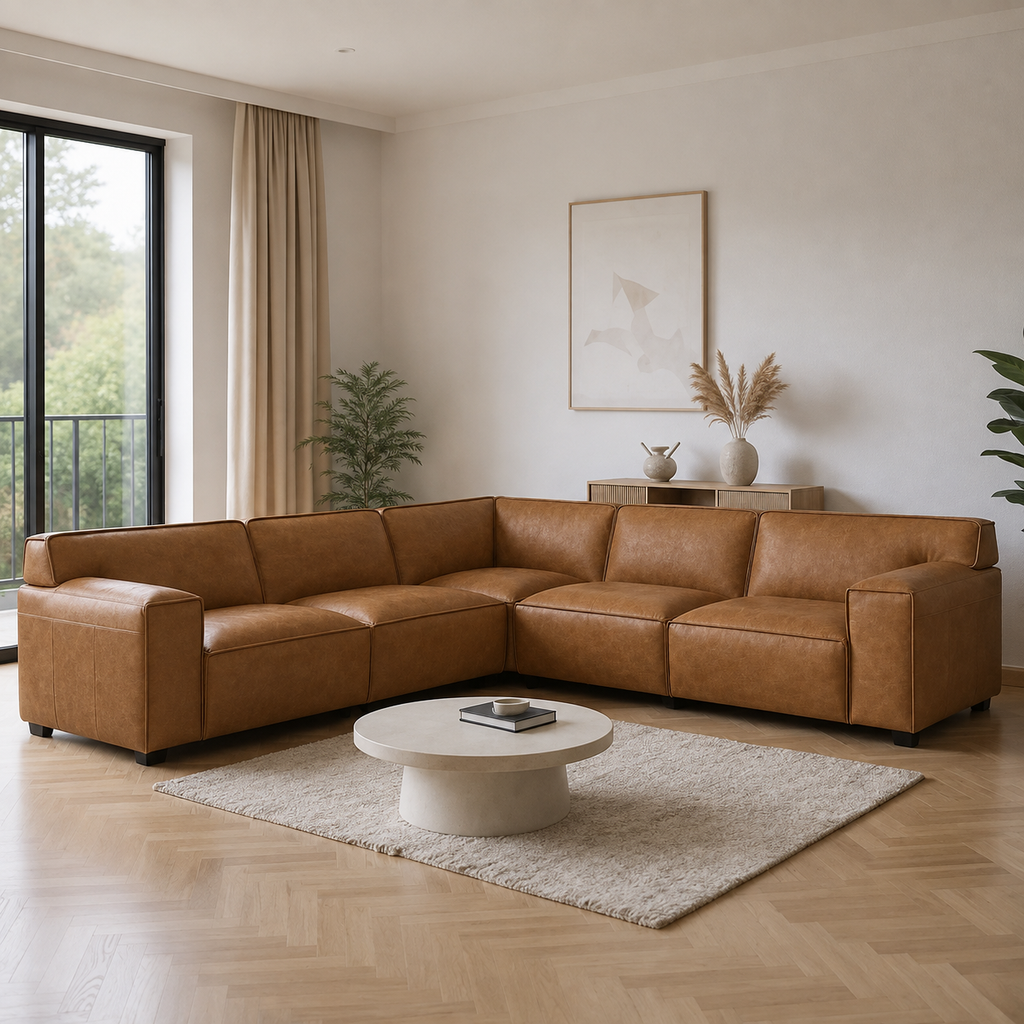 A modern L-shaped sectional sofa upholstered in warm tan leather, styled in a minimalist living room with a round white coffee table, a beige rug, and light wood flooring.