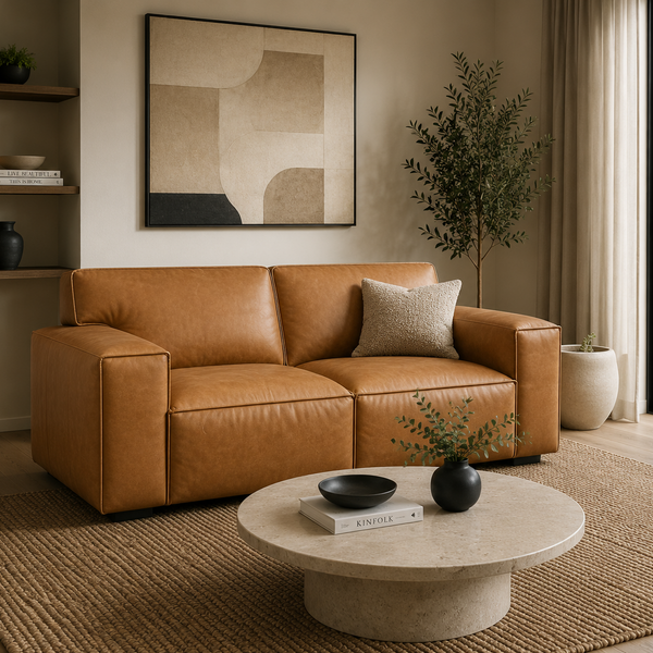 A modern tan leather loveseat sofa in a styled living room setting, featuring a textured beige throw pillow, a round stone coffee table, and abstract wall art.