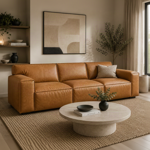 A modern tan leather sofa in a styled living room setting, featuring a round concrete coffee table, a textured beige rug, and abstract wall art.