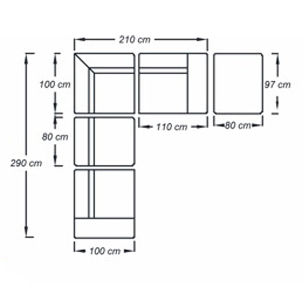 Modular sofa layout plan with measurements, showing multiple seat modules and corner.