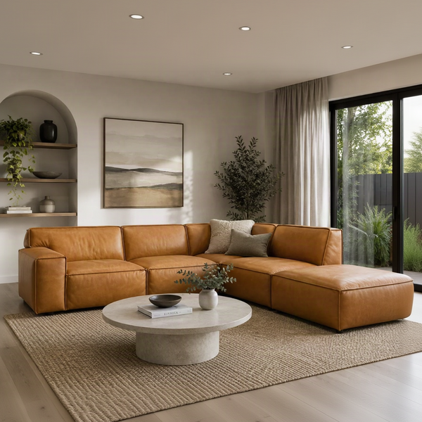 A modern sectional sofa upholstered in warm tan leather, arranged in an L-shape in a bright, contemporary living room with a round stone coffee table, woven rug, and large window view.