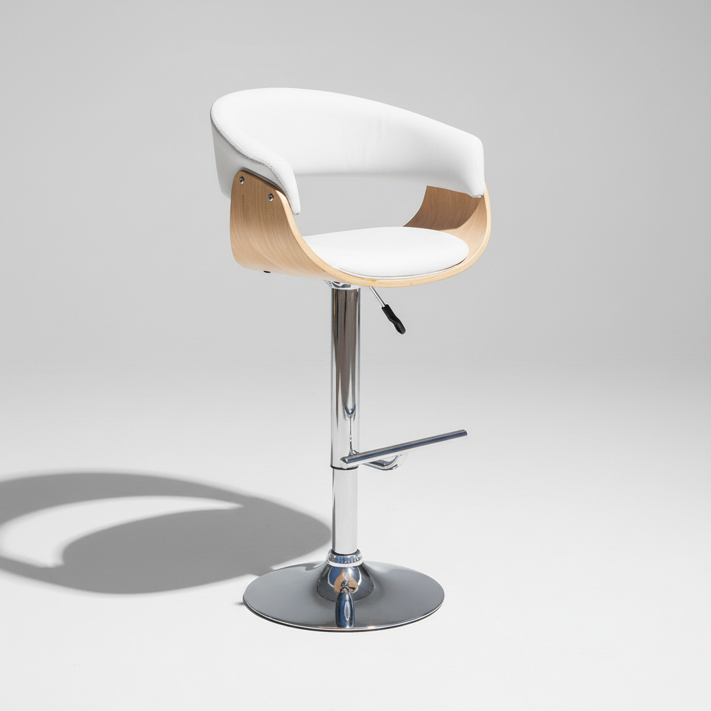 Front view of white upholstered bar stool with light wood sides, chrome pedestal base