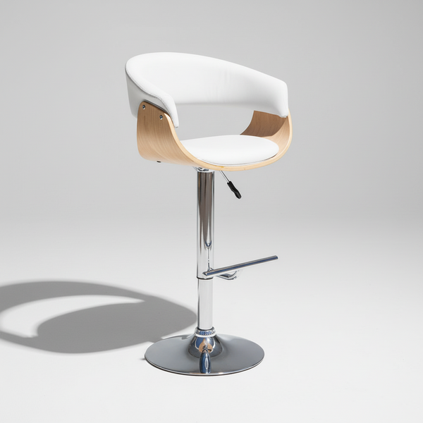 Front view of white upholstered bar stool with light wood sides, chrome pedestal base