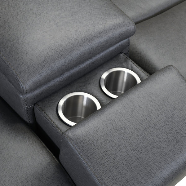 Charcoal fabric sofa armrest detail with built-in cup holders