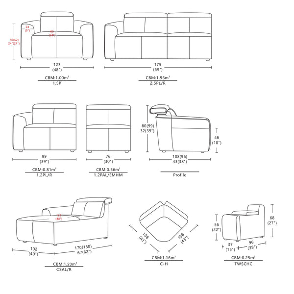 Modular corner sofa electric recliner technical size and profile diagram