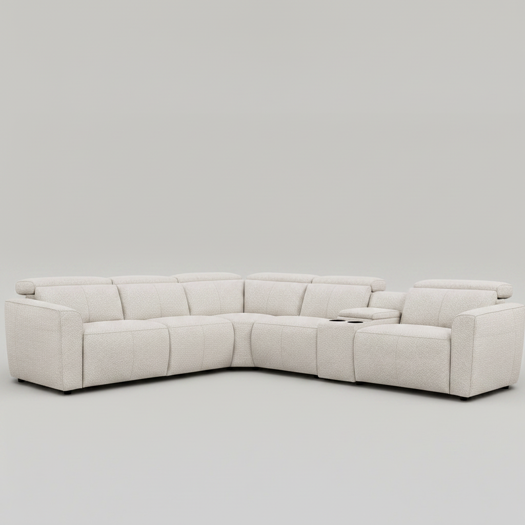 Ivory fabric modular corner sofa electric recliner with extended chaise seat