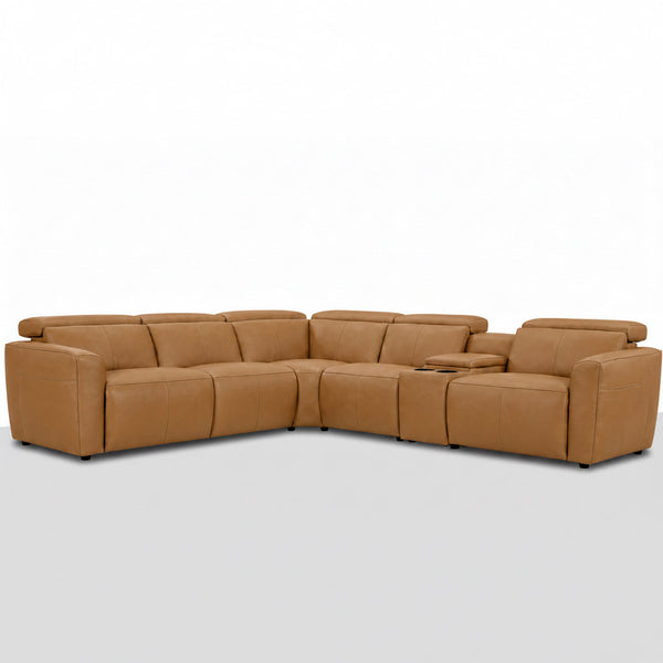 Tan leather modular corner sofa with electric recliners, chaise and corner