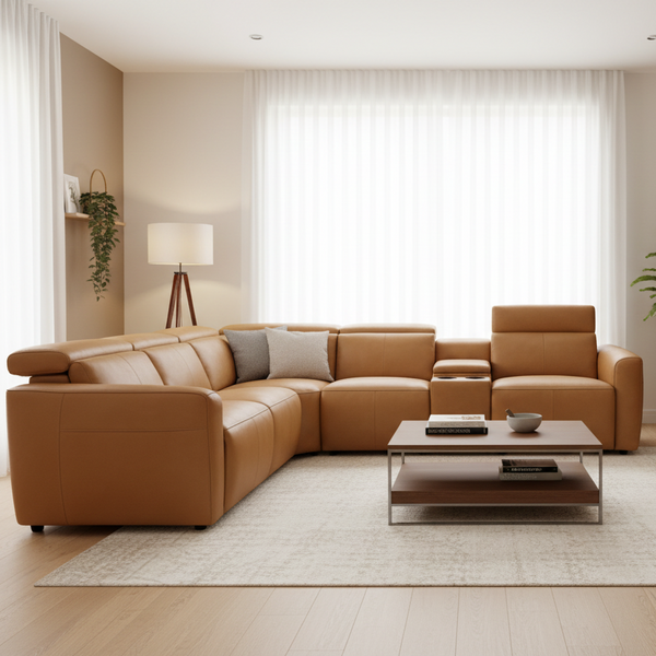 Tan leather modular corner sofa with electric recliners, corner seating