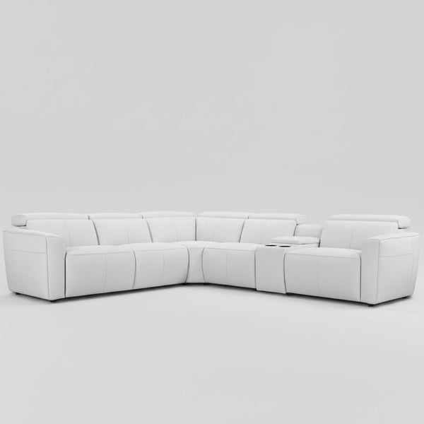 White leather modular corner sofa with electric recliners, corner chaise view