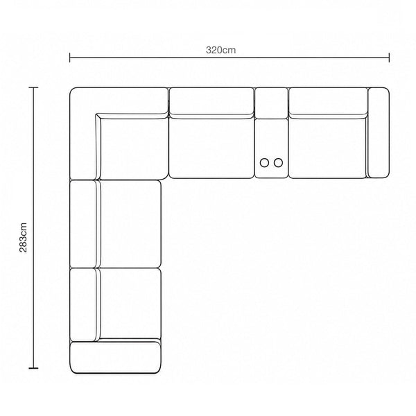 Modular corner sofa dimension diagram, 320 cm length and 283 cm height