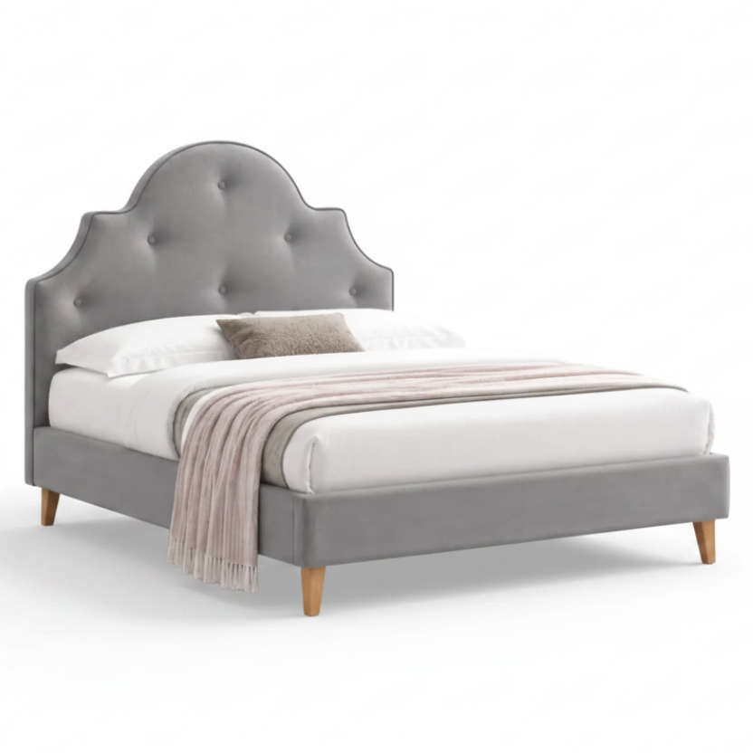 Kylie Double Bed Provincial Style  in Grey Fabric and Buttoned Bed Head