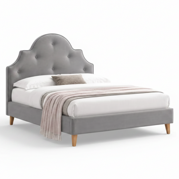 Kylie Double Bed Provincial Style  in Grey Fabric and Buttoned Bed Head