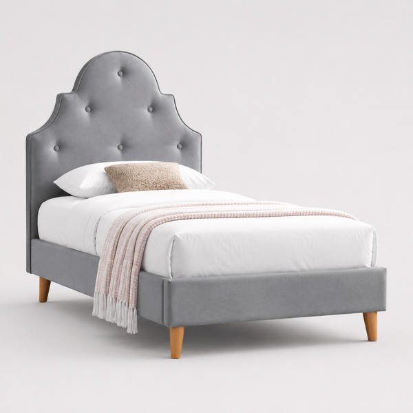 Kylie Single King Single Bed Provincial Style  in Grey Fabric and Buttoned Bed Head