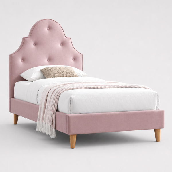 Kylie Single King Single Bed Provincial Style  in Pink Velvet Fabric and Buttoned Bed Head
