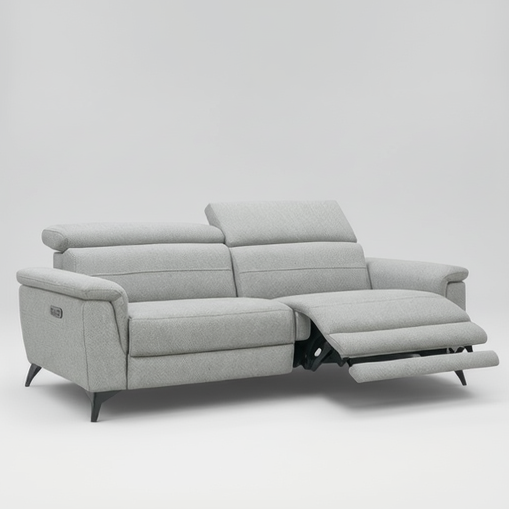 Light grey fabric electric recliner sofa shown in 3/4 view with chaise extended