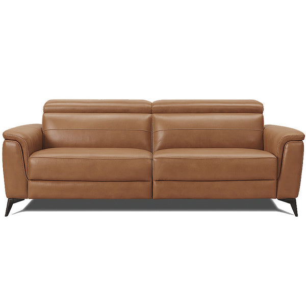 Tan leather electric recliner sofa, front view with center back seam and curved arms