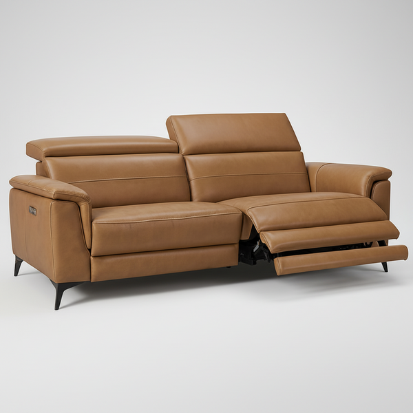 Tan leather electric recliner sofa with footrest extended and side arm control