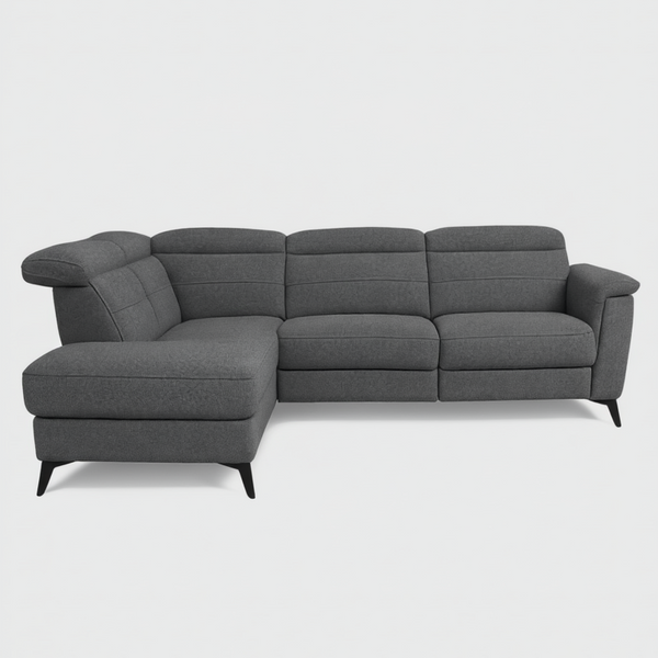Charcoal gray fabric corner terminal chaise with square seat cushions and tapered legs