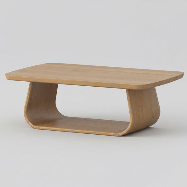 Natural oak rectangular coffee table with curved sled-style base