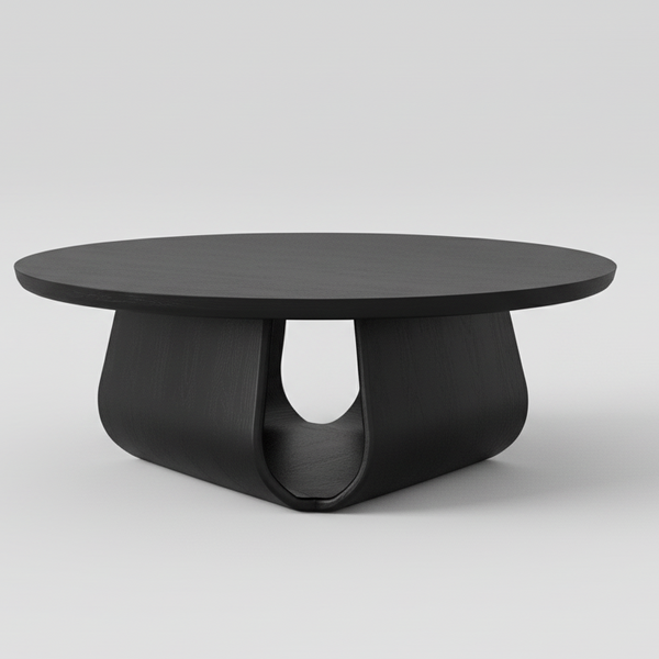 Round dark coffee table with curved pedestal base and arched cutout