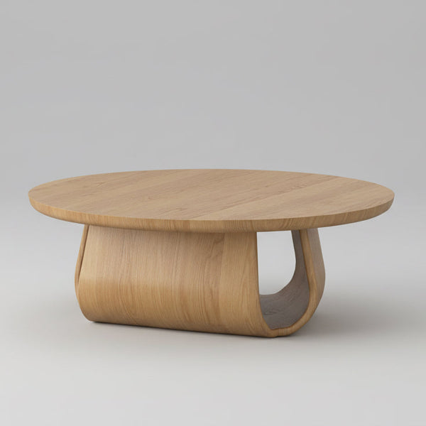 Natural oak round coffee table with curved pedestal base