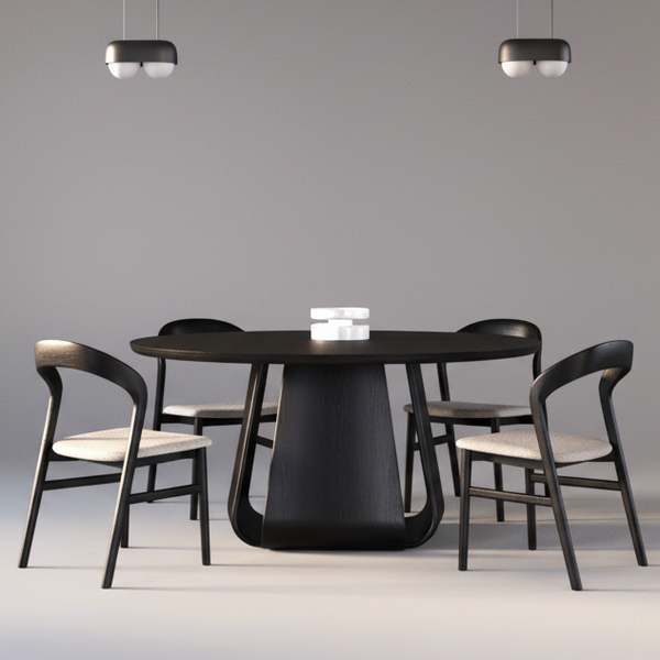 Modern black dining table with four chairs against a gray background