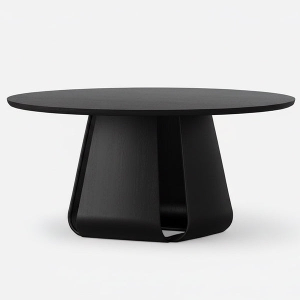Round black oak table with smooth dark tabletop and central pedestal base