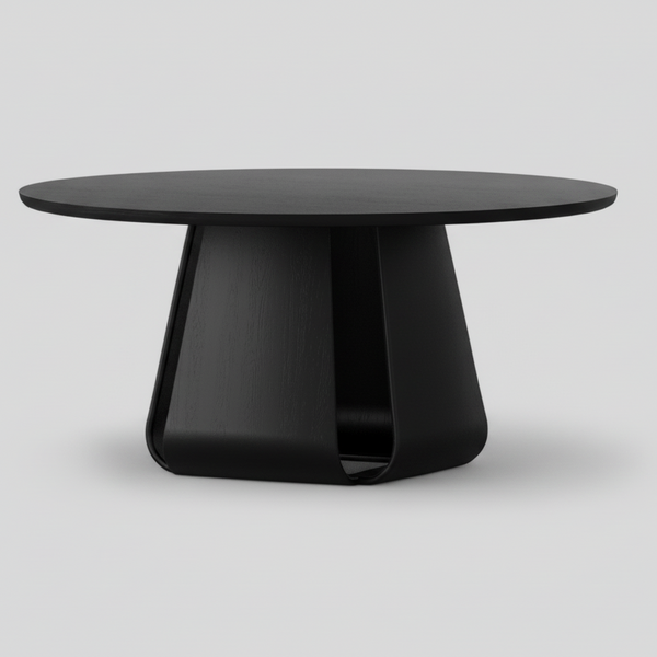 Round black oak dining table with dark tabletop and central sculpted pedestal base