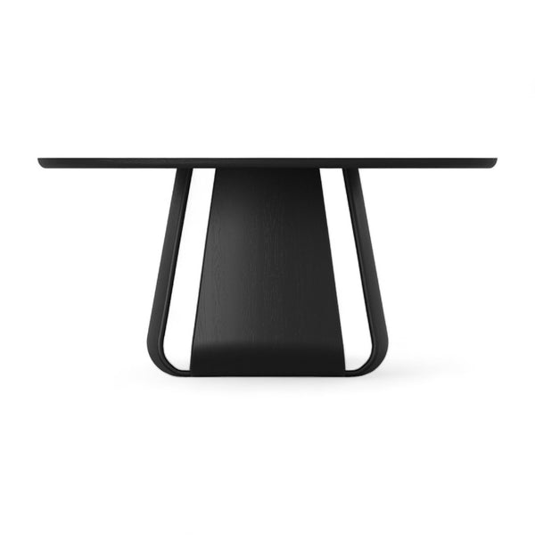 Black round dining table underside with central pedestal base