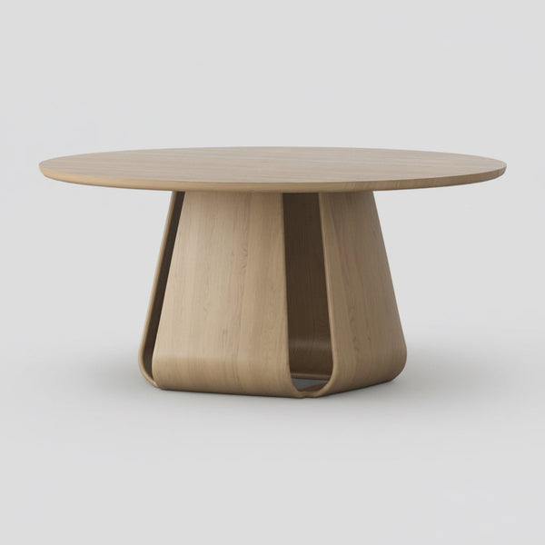 Round natural oak dining table with pedestal base and wide round tabletop