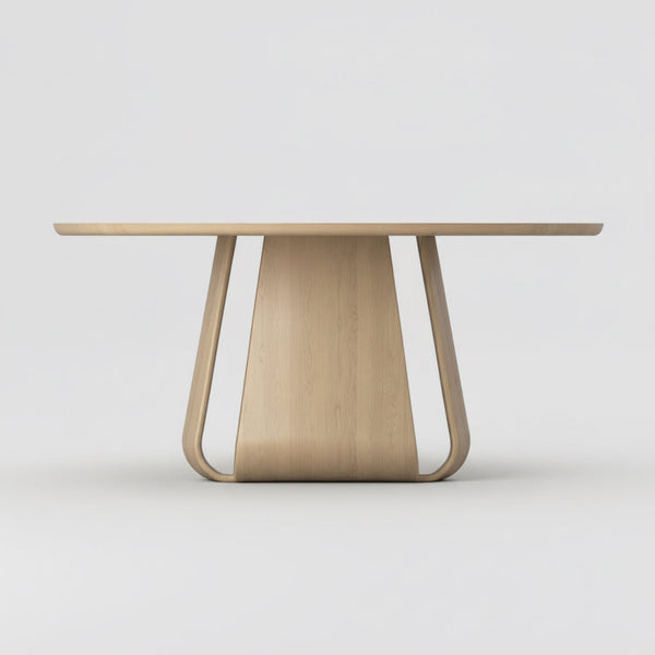 Round natural oak dining table, side view of pedestal base