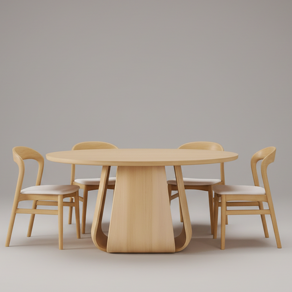 Natural oak round dining table with four willow chairs and light gray upholstered seats