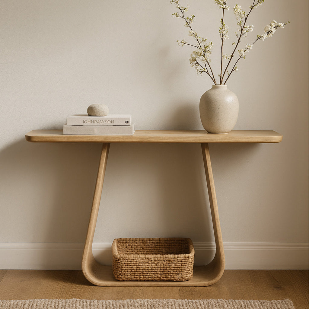 Natural oak console table with tapered legs and open shelf
