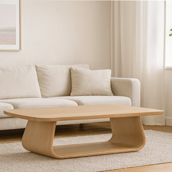 Low natural oak rectangular coffee table with rounded end supports