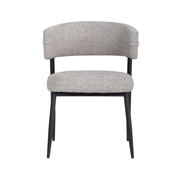 Light gray upholstered dining chair with rounded backrest and padded seat